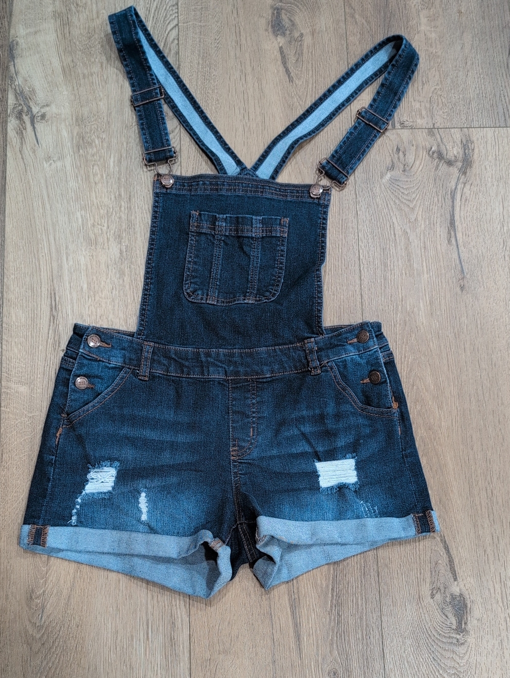 Wax Jean Dark Blue Distressed Denim Short Overalls